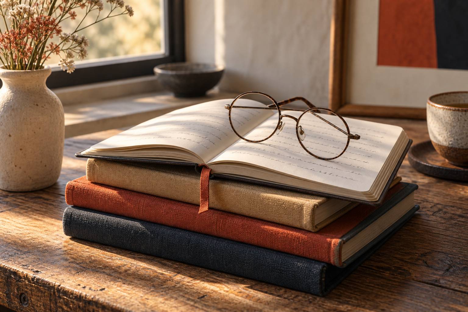 Gros plan sur une pile de livres anciens et un carnet ouvert