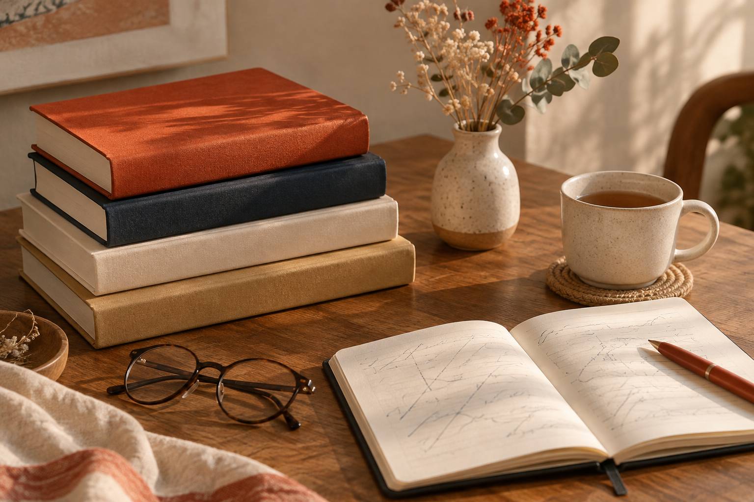 Gros plan sur une pile de romans et un carnet de notes avec une tasse de thé