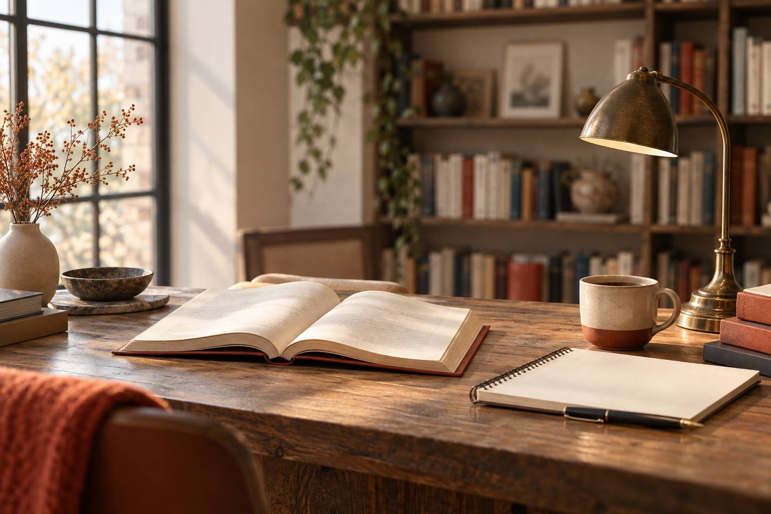 Bureau d'écriture avec roman ouvert, carnet et lampe de bibliothèque