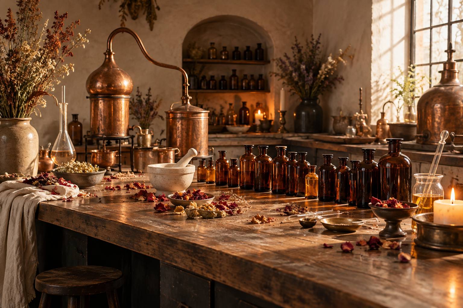 Atelier de parfumeur avec flacons ambrés et alambics en cuivre