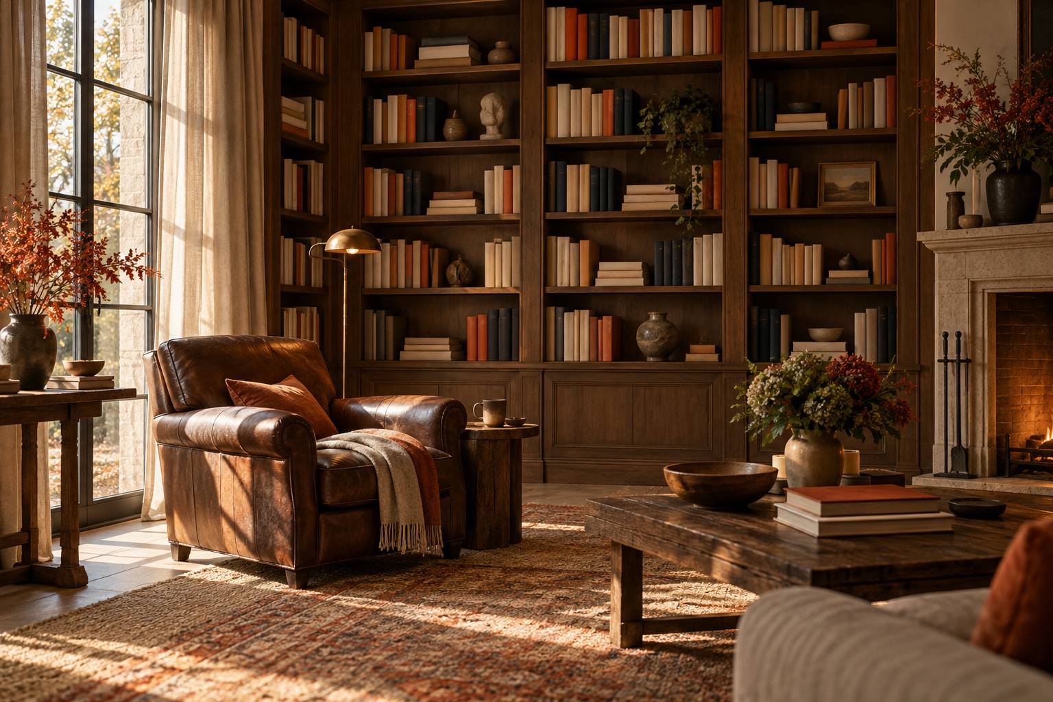 Bibliotheque en bois avec romans aux dos unis et fauteuil vide