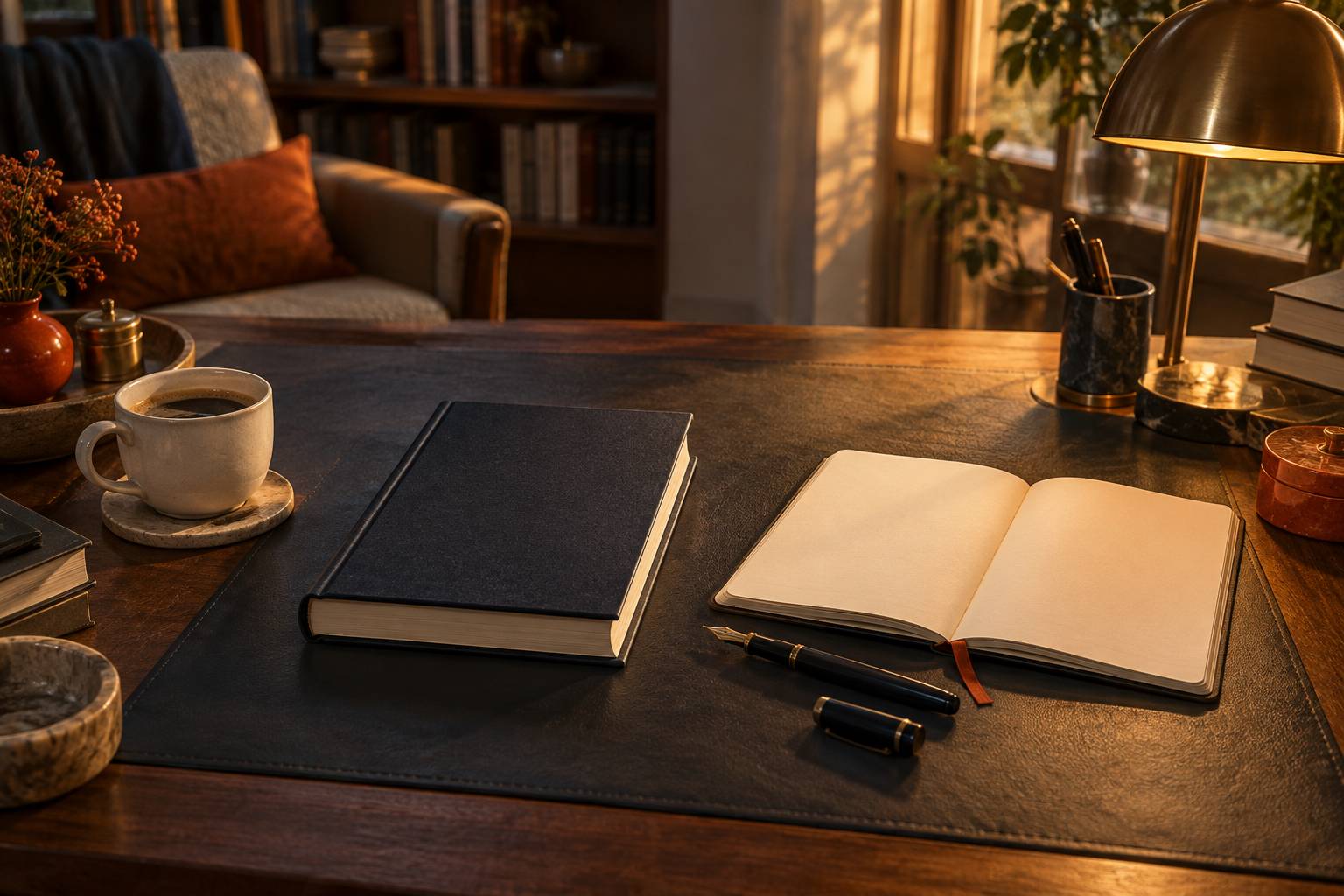 Roman relie ferme et carnet vierge sur un bureau de lecture