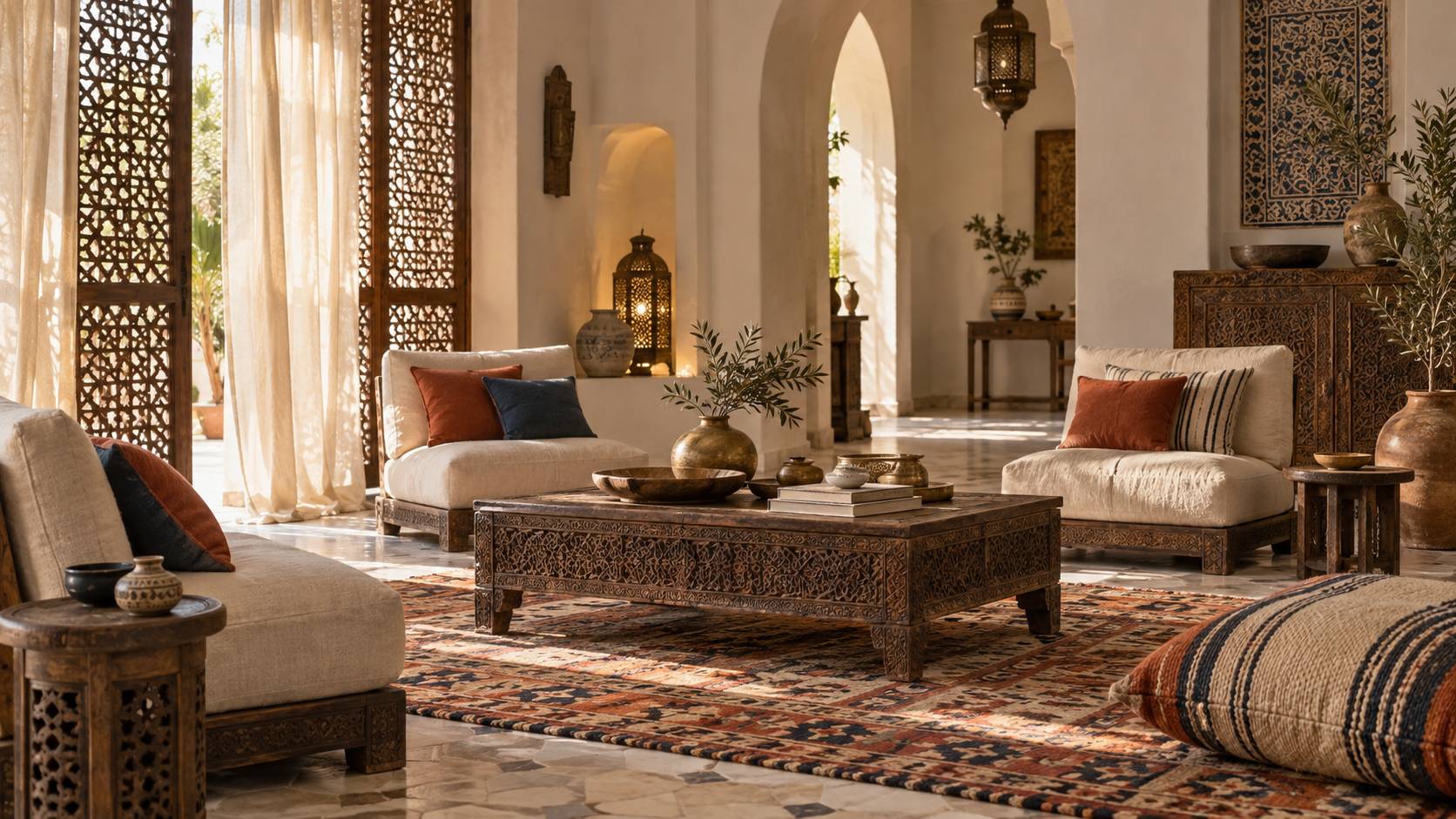 Salon tunisien ancien avec fauteuils bas, tapis et livres empilés