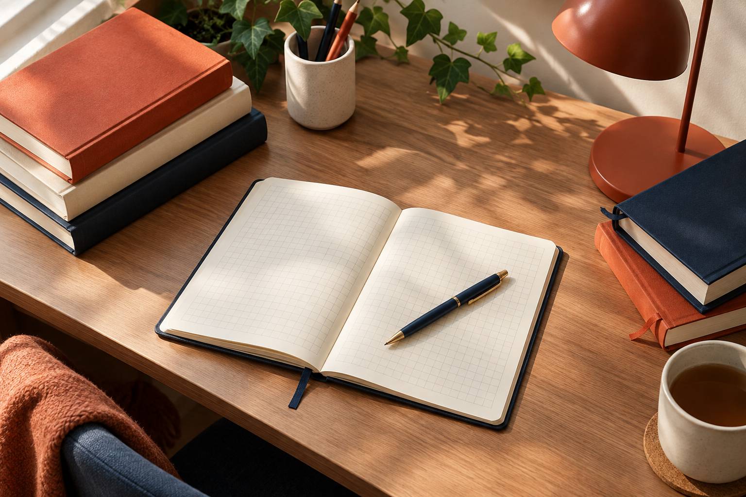 Cahier d'analyse ouvert avec grille vierge, stylo et livres empilés
