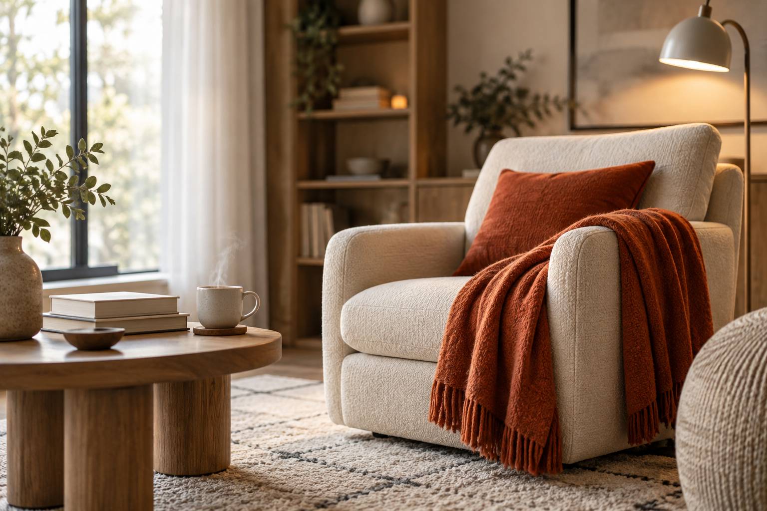 Fauteuil de lecture avec plaid, pile de livres et tasse de thé