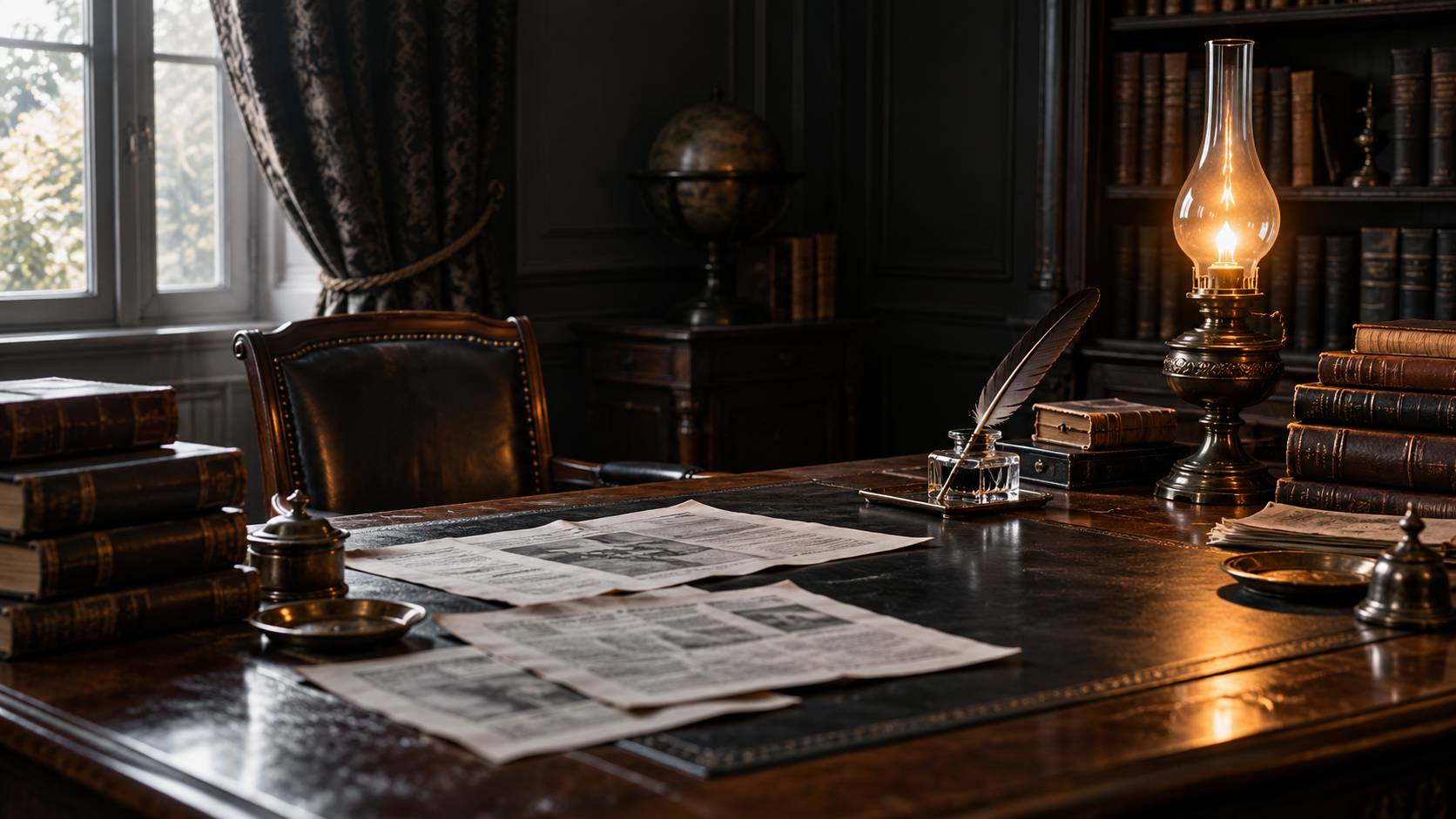Bureau d'époque avec encrier, plume, lampe à pétrole et volumes reliés sans titre