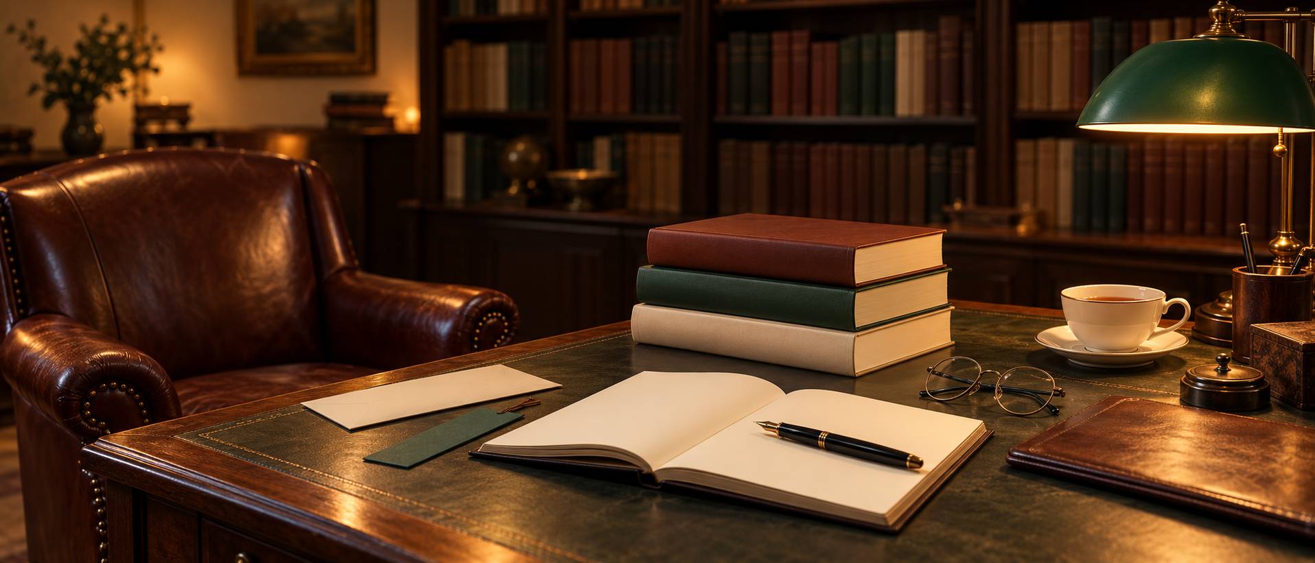 Bureau d'écriture avec pile de romans aux couvertures unies, pages vierges et fauteuil vide