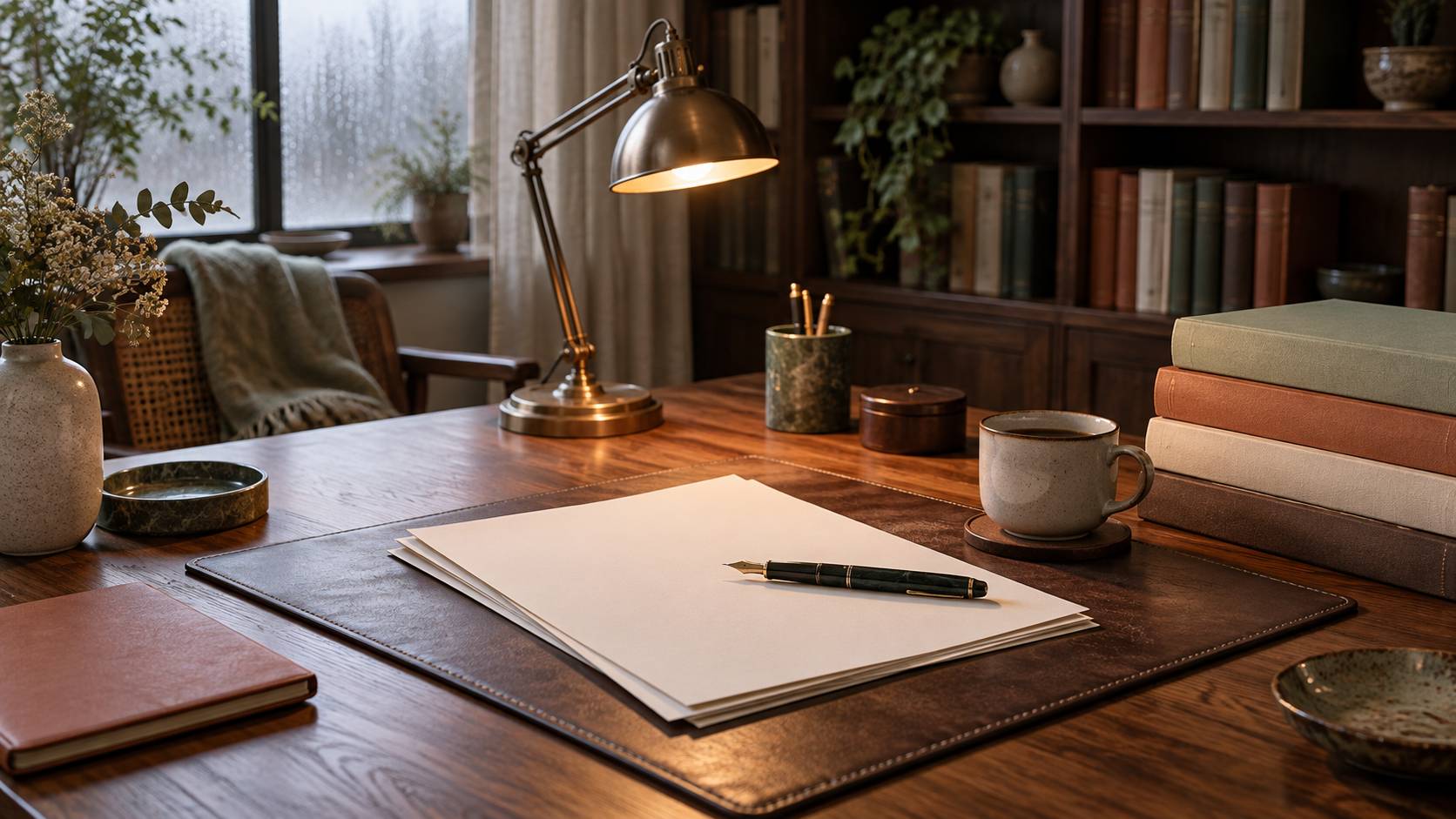 Bureau d'écrivain avec manuscrit aux pages vierges, lampe et pile de livres