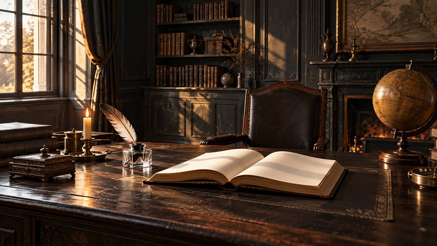 Cabinet de travail ancien avec plume d'oie, encrier de verre, bougie et livre relié ouvert