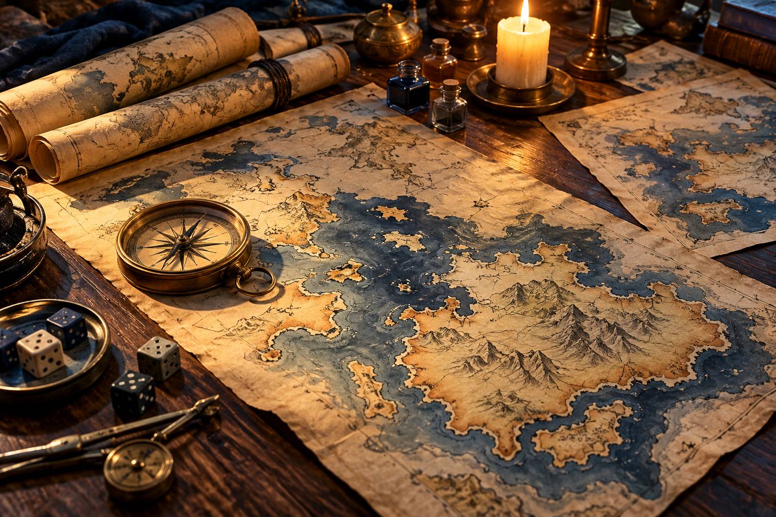 Cartes anciennes en parchemin avec boussole de laiton et dés sur une table de bois
