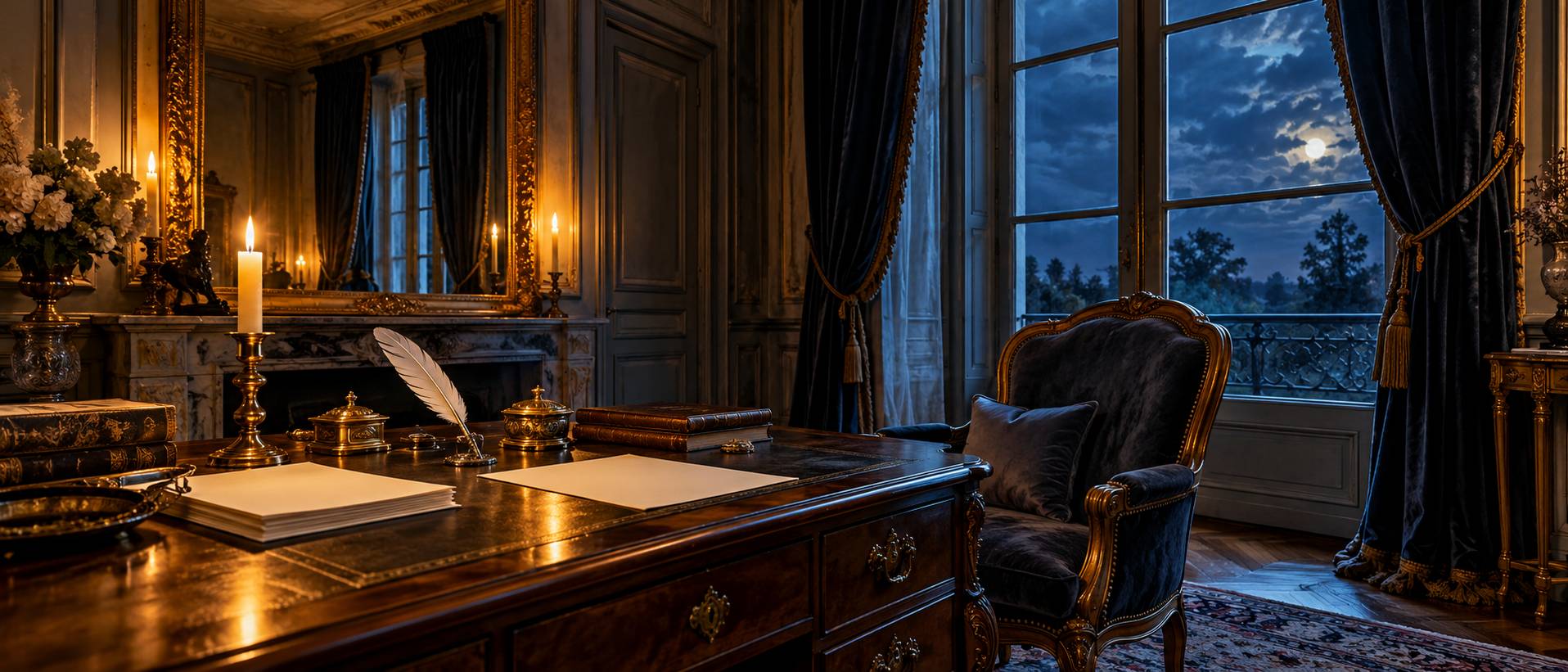 Chambre d'epoque au crepuscule avec bureau en acajou, grand miroir dore et rideaux de velours