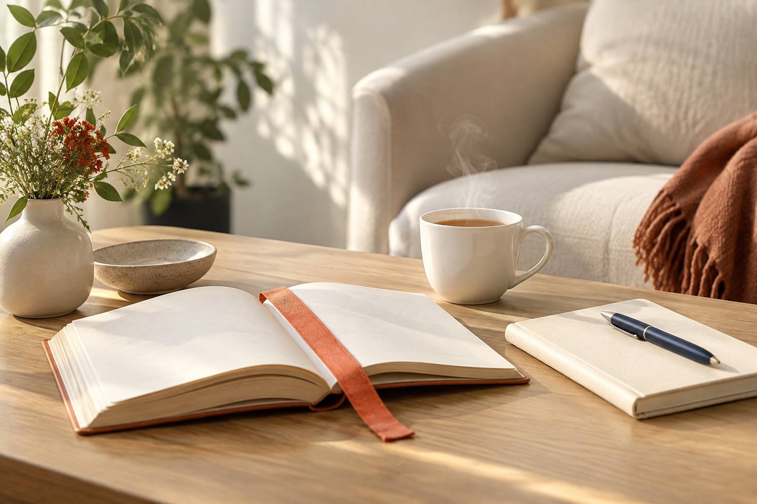 Livre ouvert et carnet sur une table de lecture près d'une tasse de thé