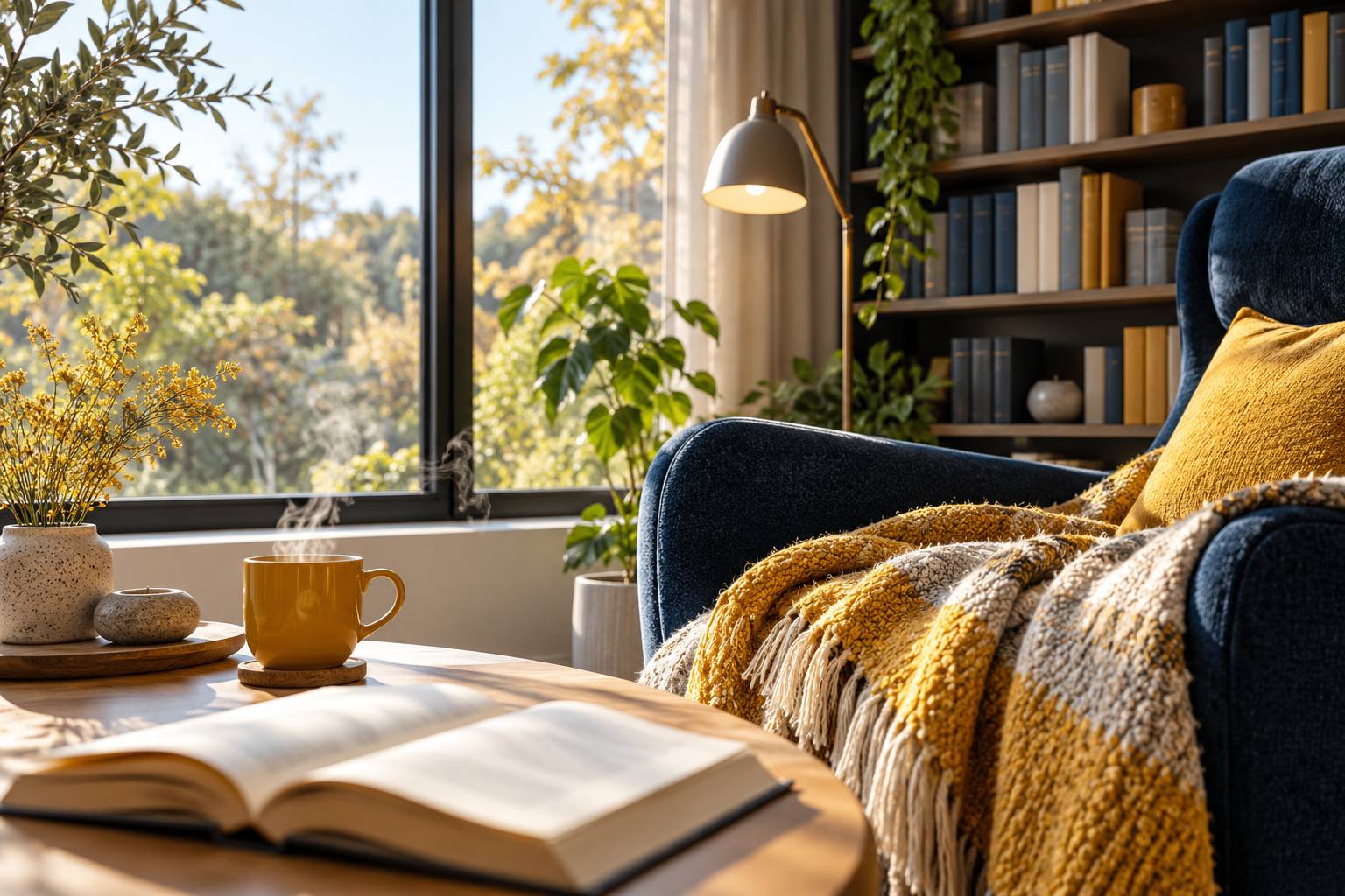 Coin lecture avec livre ouvert, plaid en laine et tasse de the pres d'une fenetre