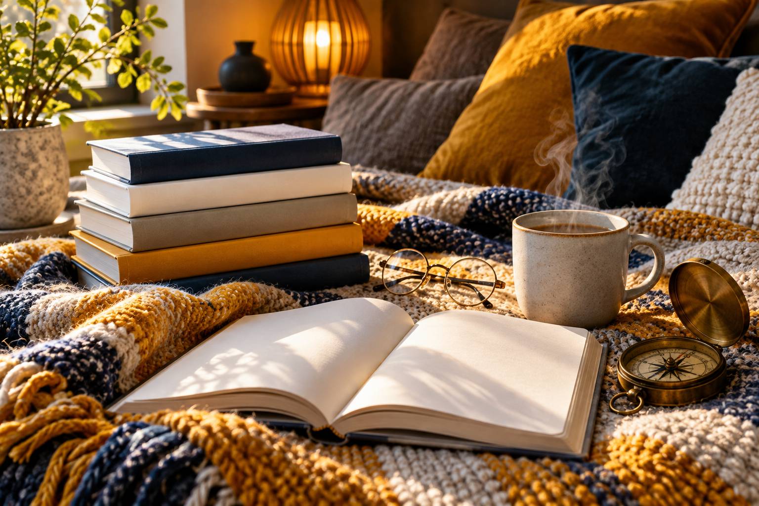 Coin de lecture avec une pile de livres aux dos vierges, une boussole et des lunettes
