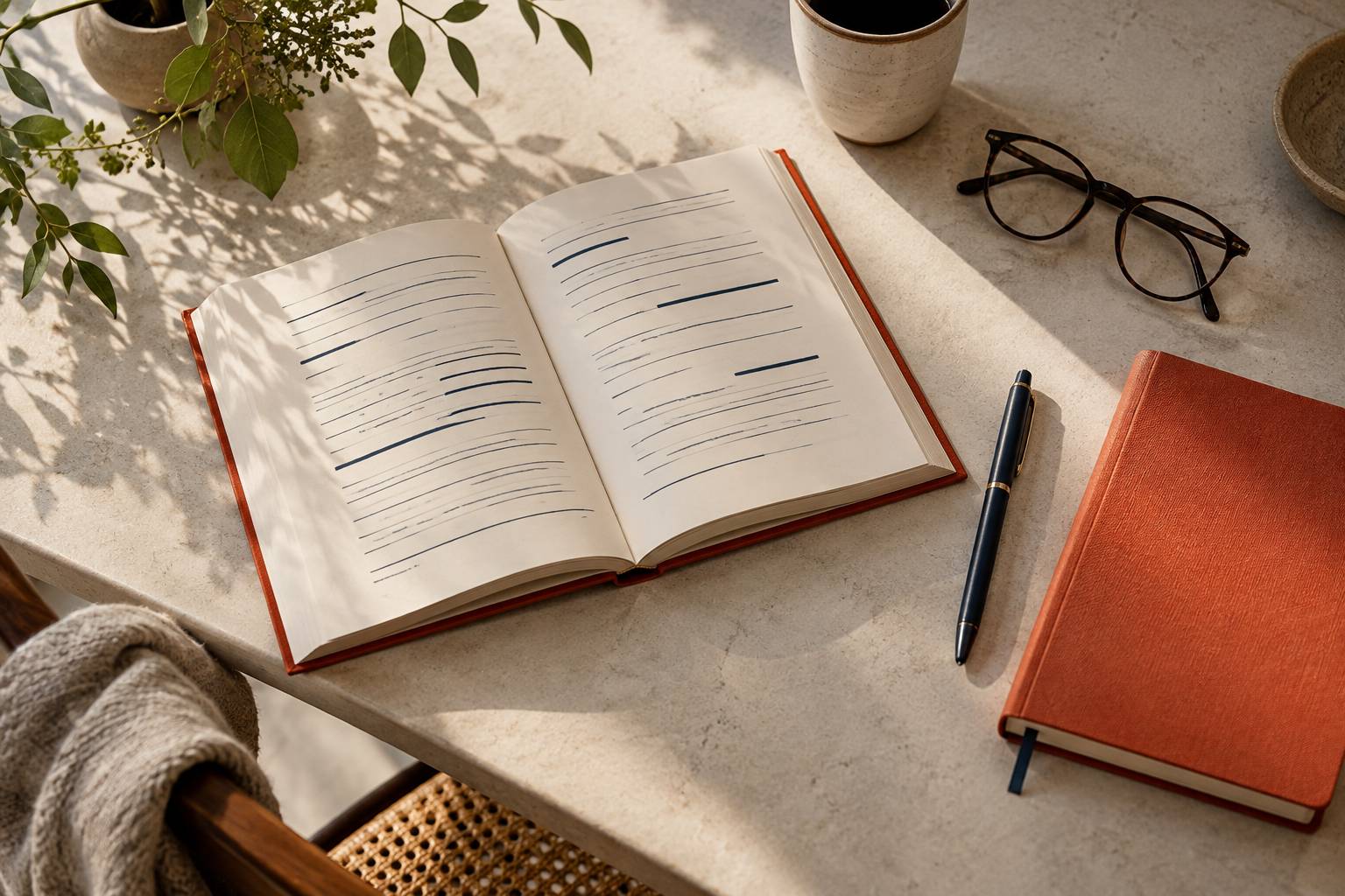 Livre ouvert et carnet avec notes de lecture sur un bureau