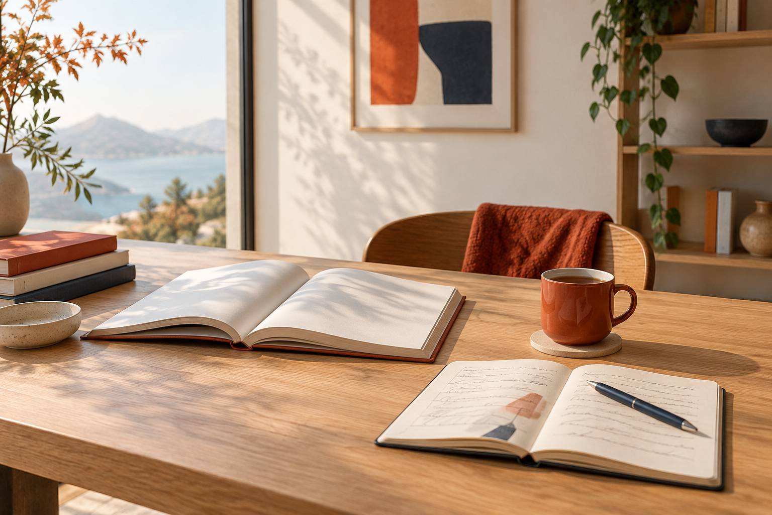 Bureau d'etude avec livre ouvert, cahier annote, stylo et tasse de the