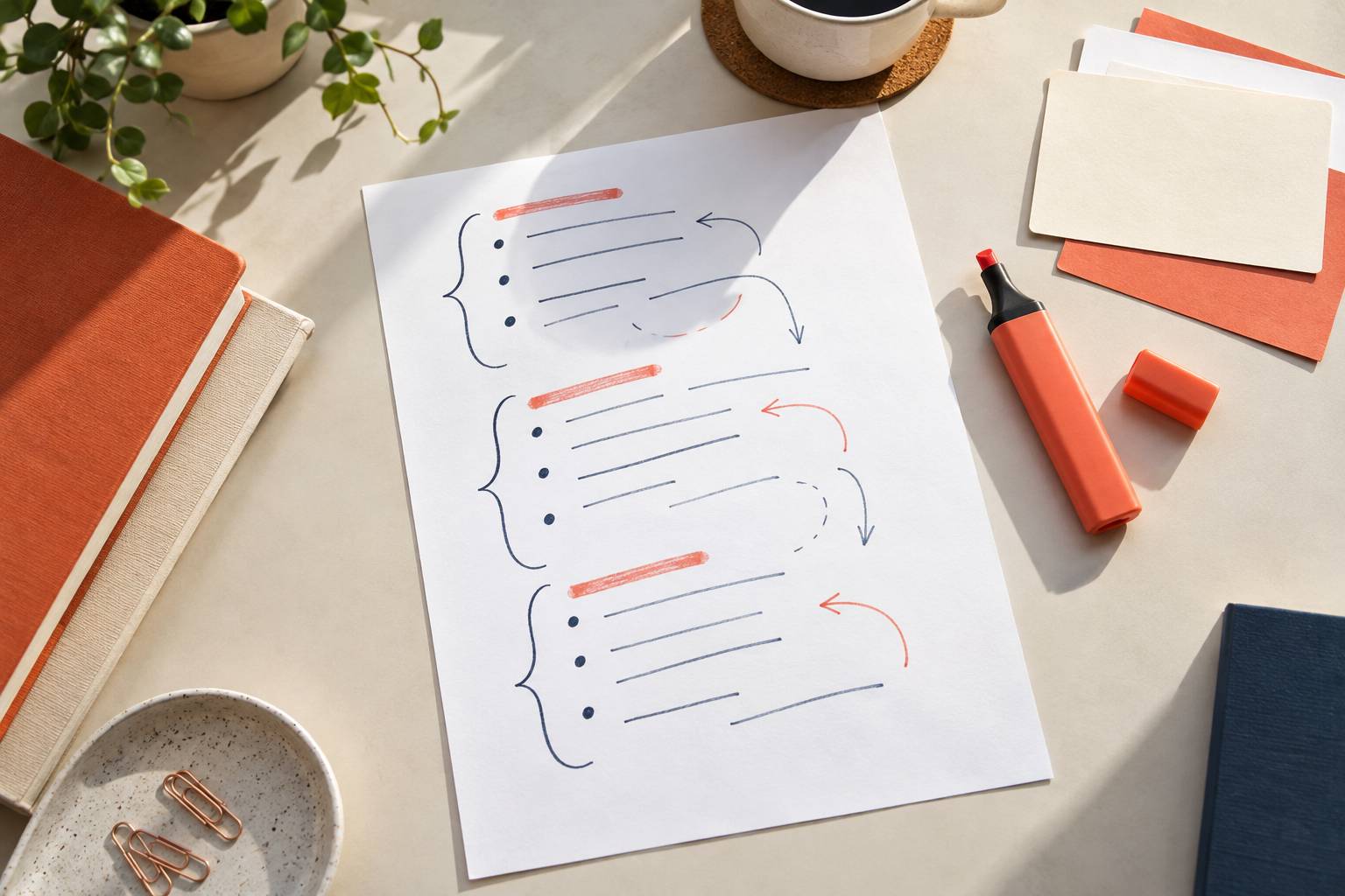 Plan de dissertation esquisse au crayon sur une feuille avec surligneur