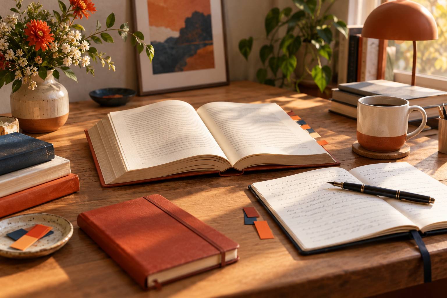 Bureau de travail avec livre ouvert, cahier de notes et stylo plume