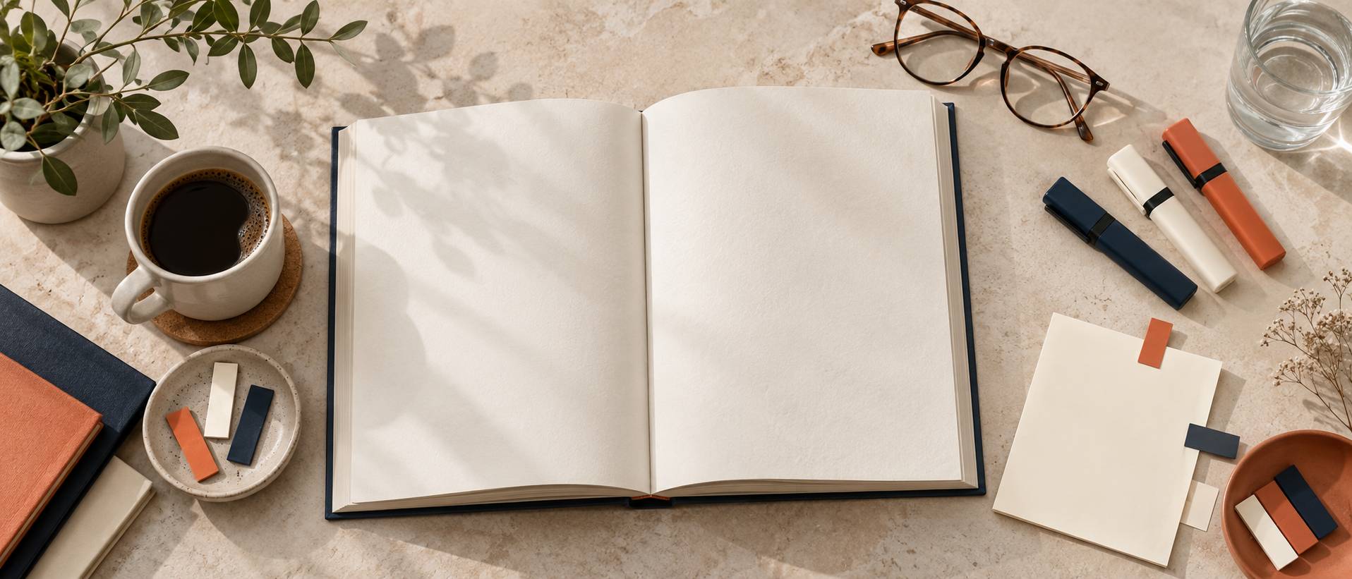 Livre, fiche vierge et surligneurs sur un plan de travail de lecture