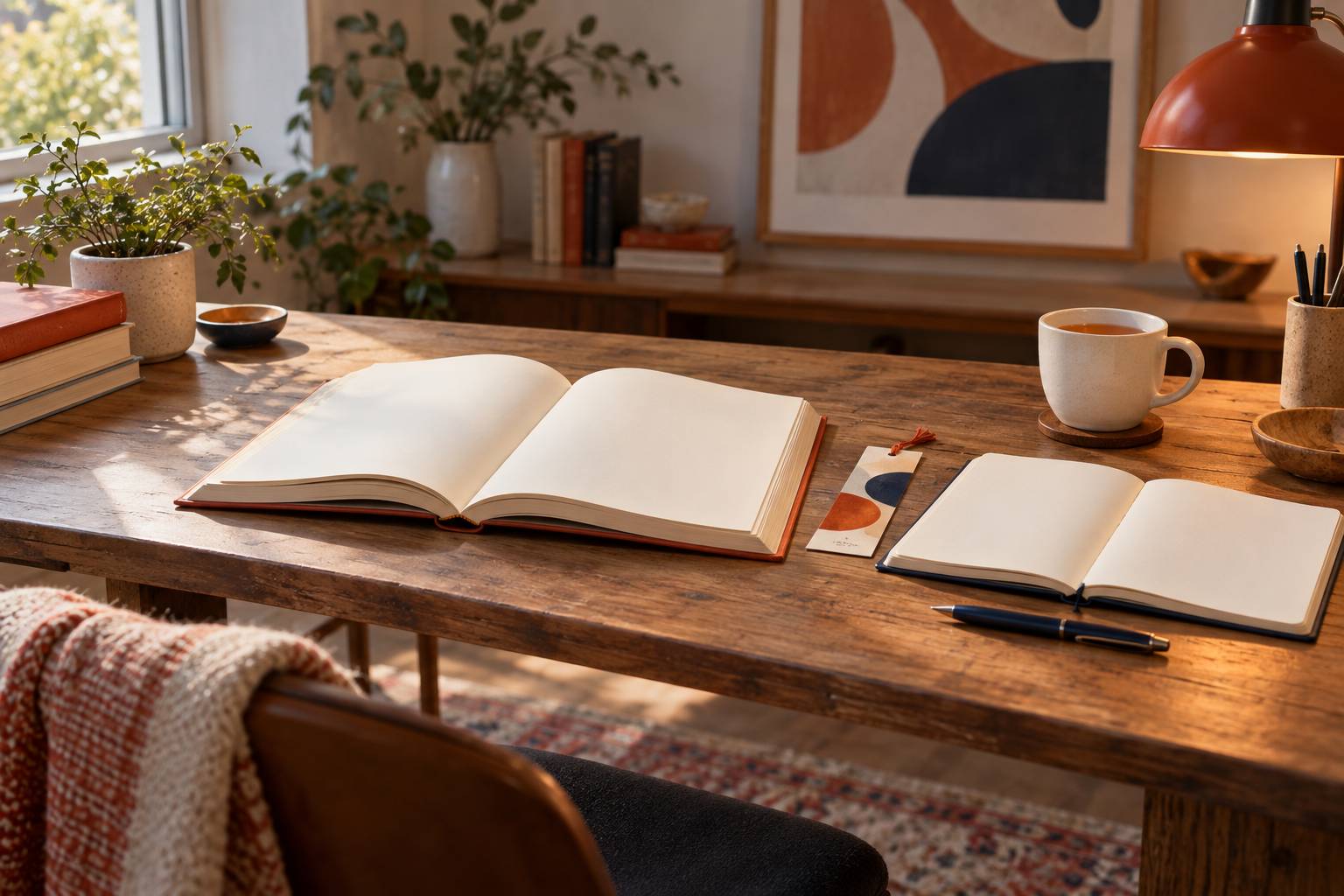 Livre ouvert et carnet de notes vierges sur un bureau de lecture chaleureux
