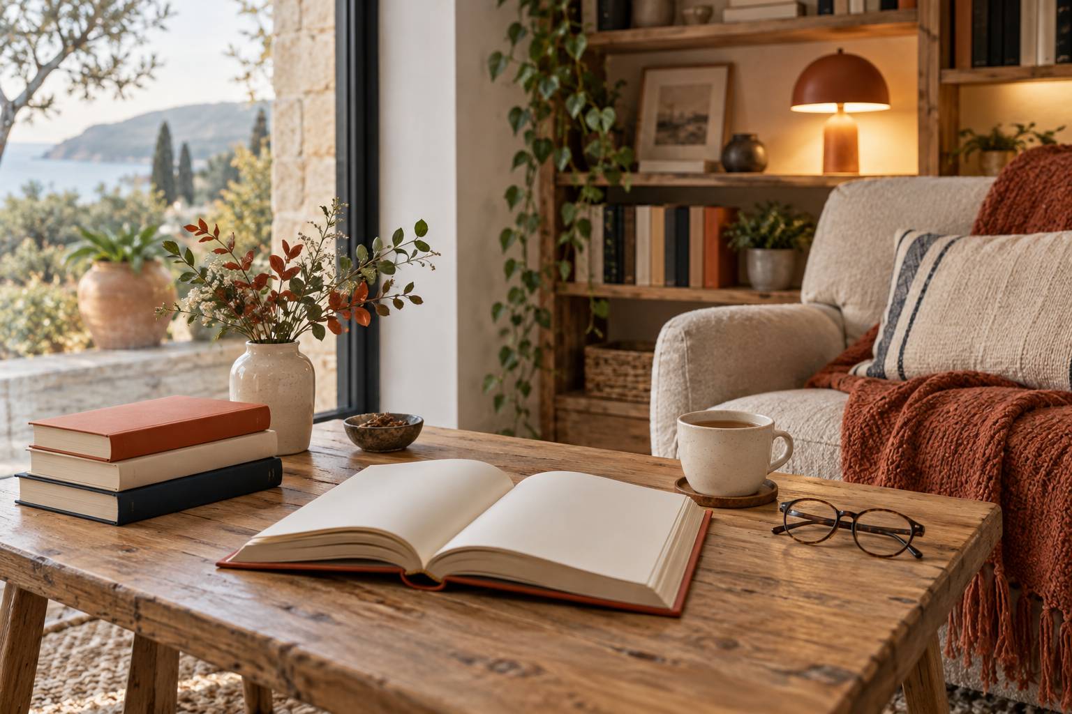 Livre ouvert sur une table en bois avec tasse de thé et pile de romans