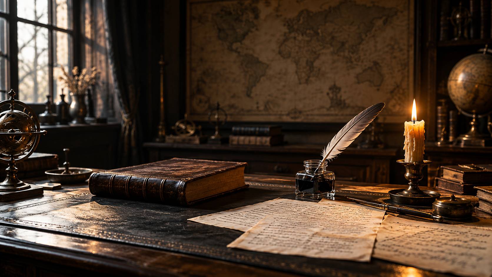Livre ancien à couverture de cuir, plume d'oie et chandelle sur un bureau d'étude