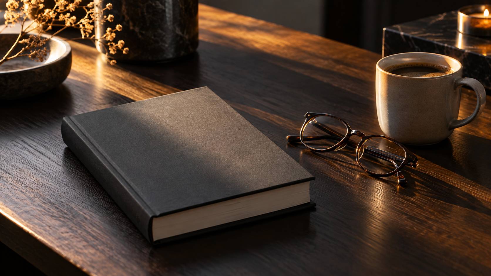 Livre fermé sur une table en bois avec lunettes et tasse de café