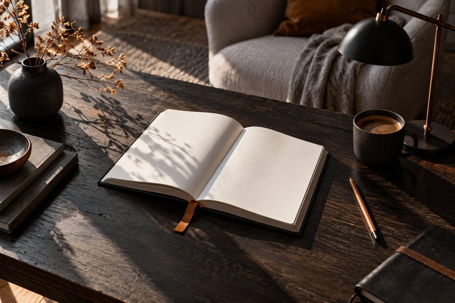 Livre ouvert sur une table avec lampe de bureau, tasse et marque-page