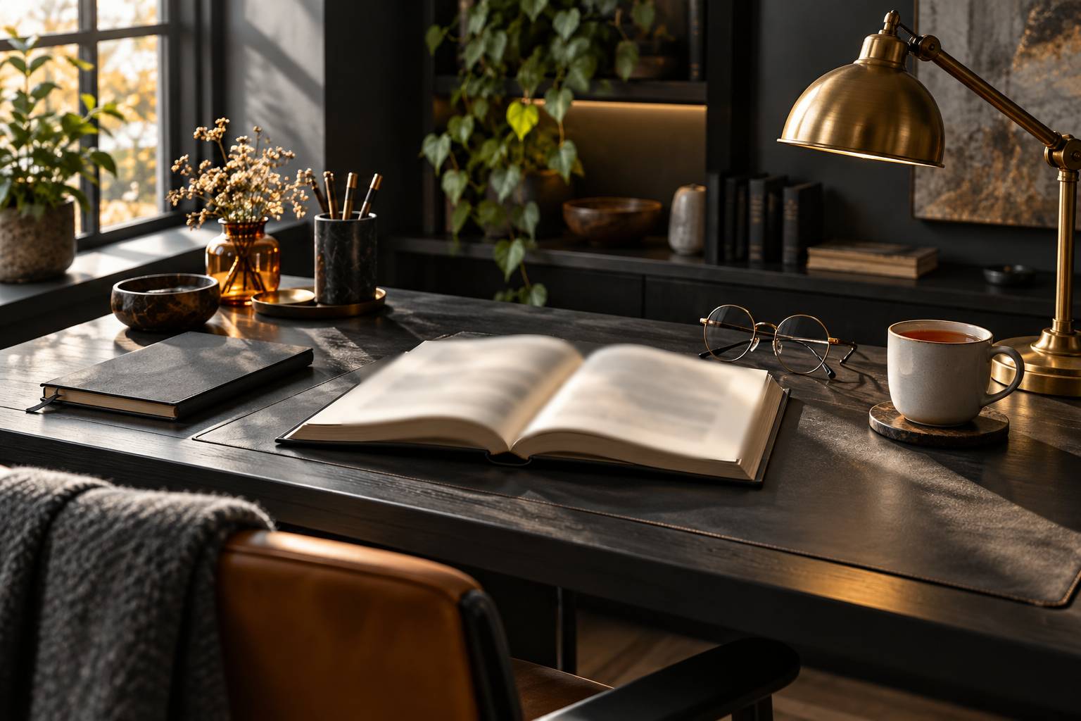Livre ouvert aux pages floues avec lunettes rondes sur un bureau