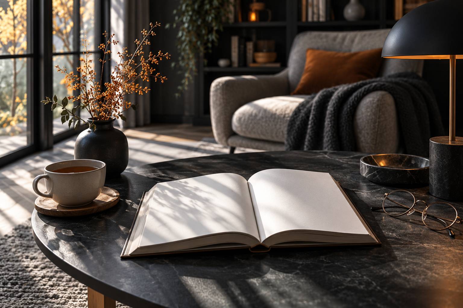 Livre ouvert à couverture vierge avec lunettes rondes et tasse de thé
