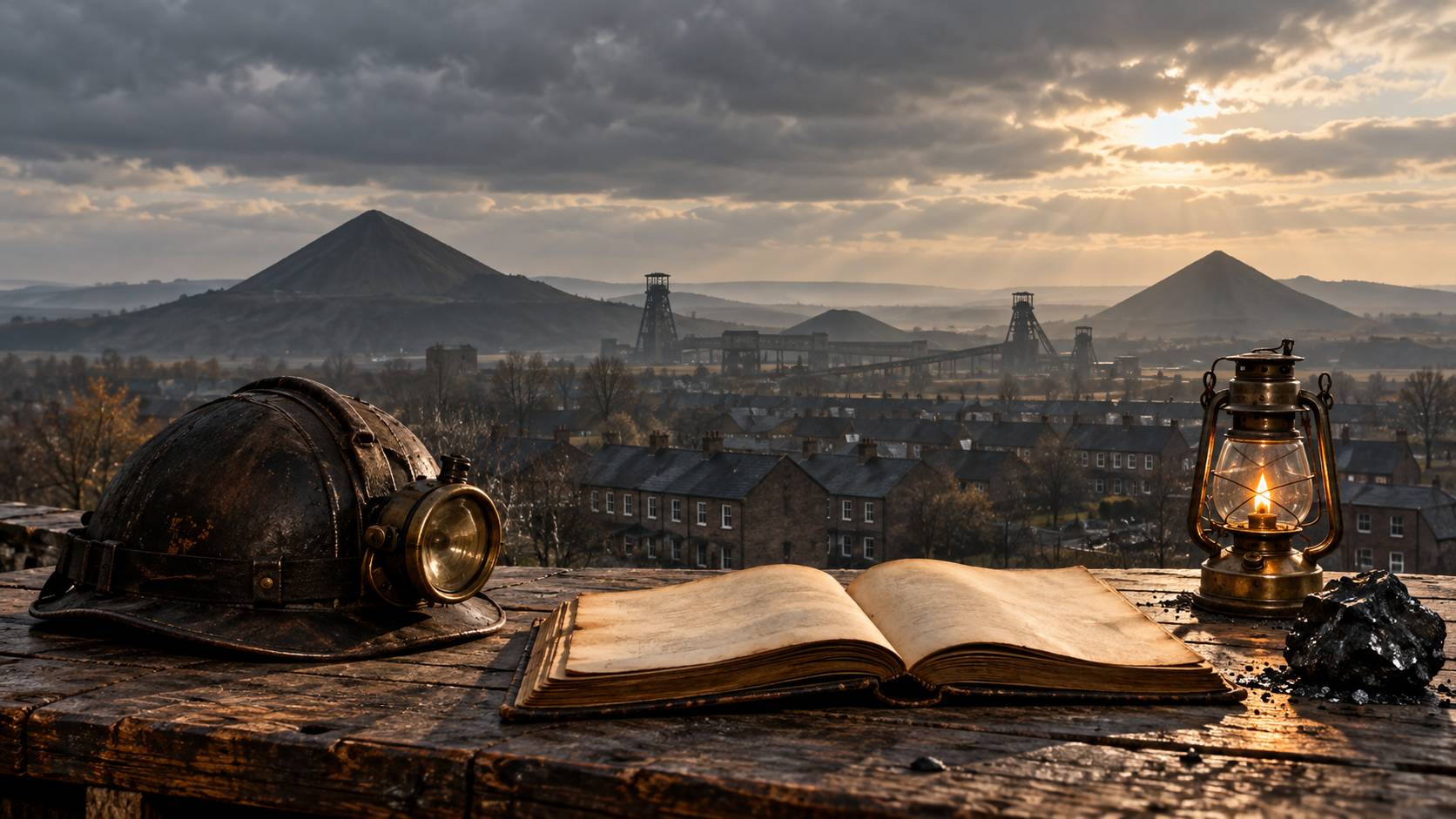 Livre ancien ouvert avec casque de mineur, lampe à huile et charbon devant un paysage de terrils