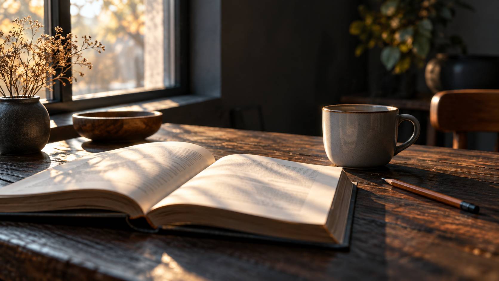 Livre ouvert sur une table en bois près d'une fenêtre, pages floues et non lisibles