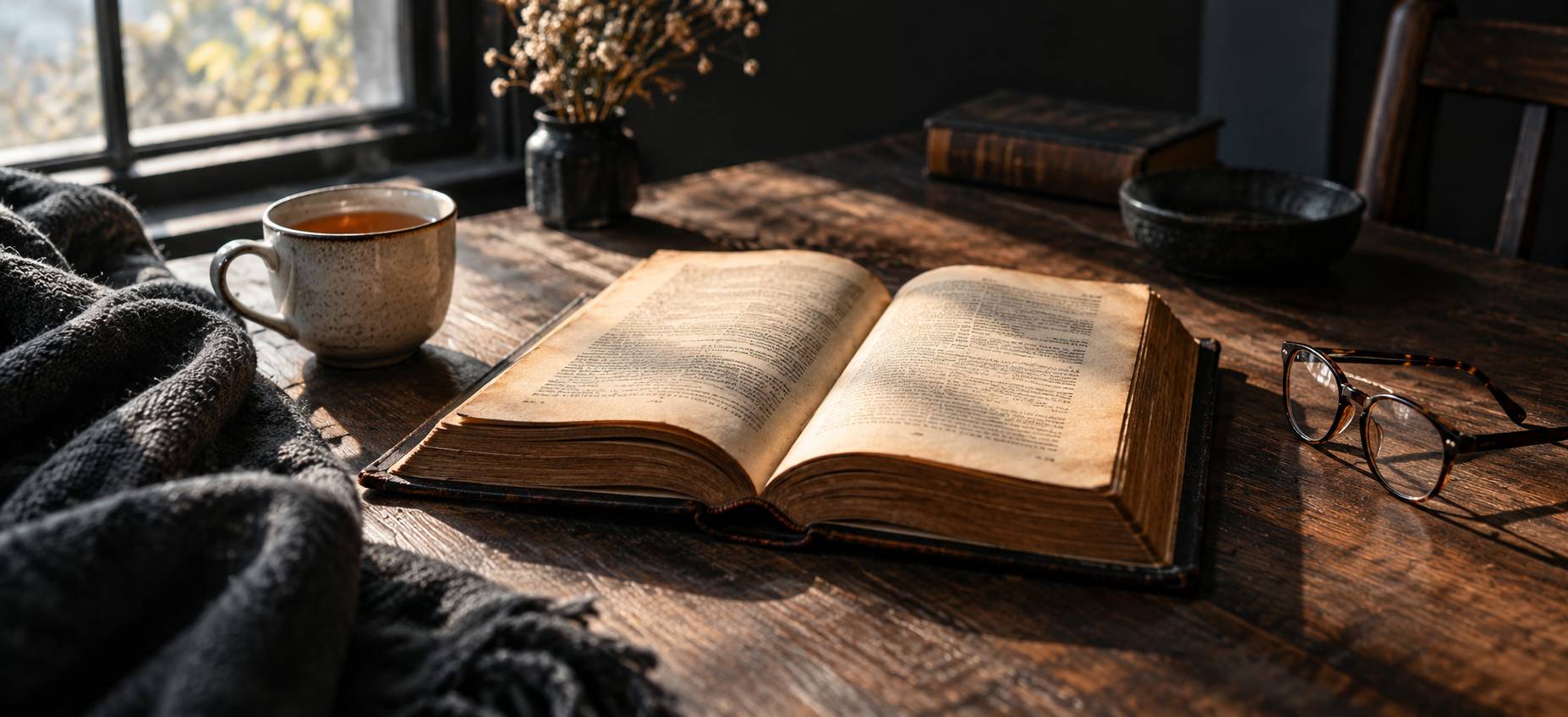 Livre ancien ouvert sur une table en bois avec pages jaunies floues, tasse de thé et lunettes