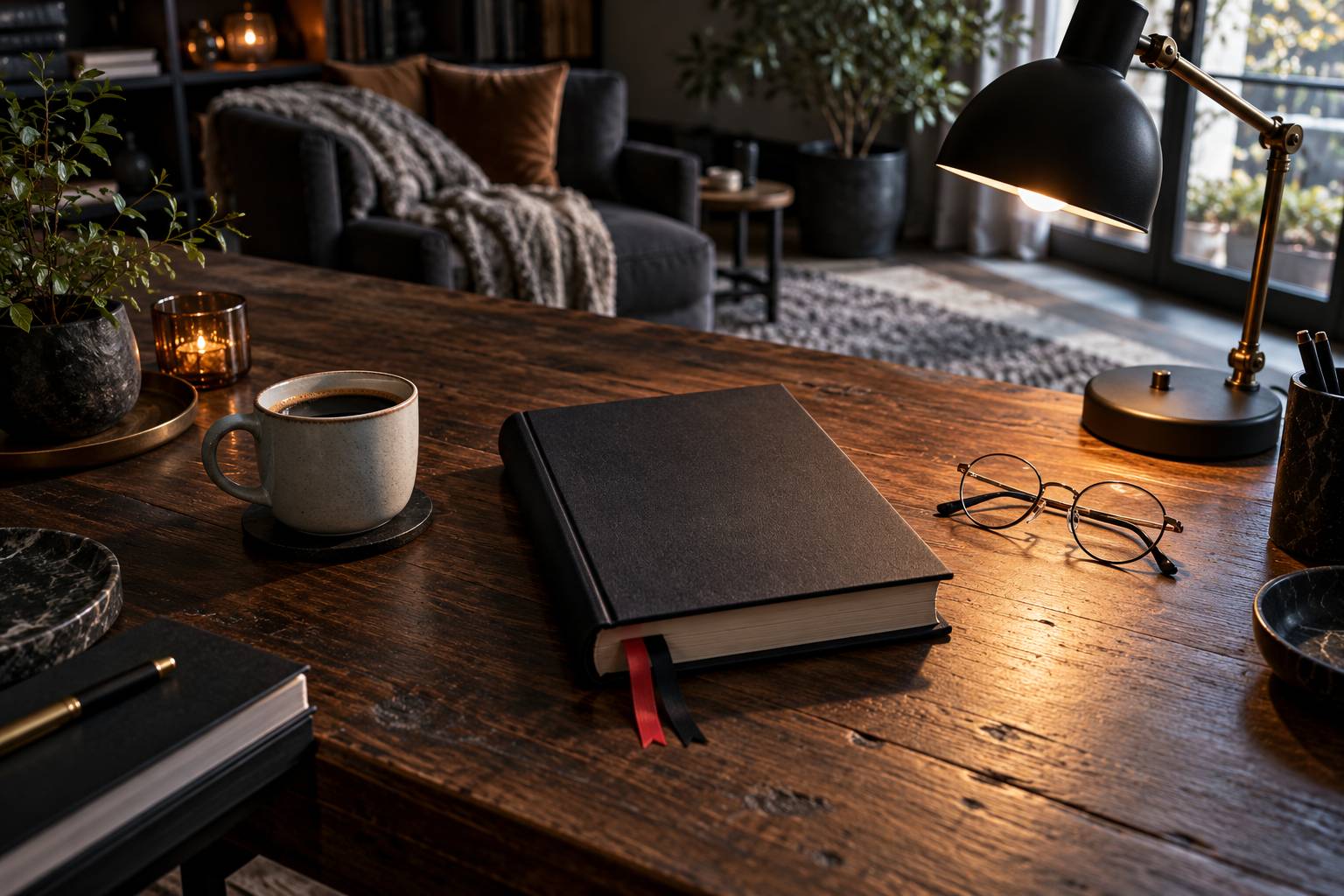 Livre relié aux plats unis avec marque-page rouge et noir, lunettes et tasse sur une table