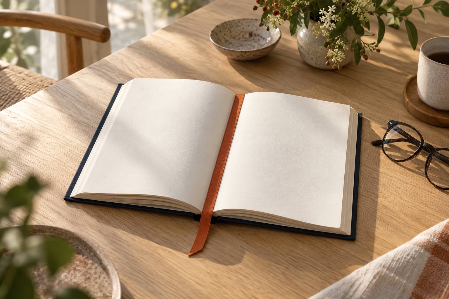 Livre ouvert sans texte lisible avec signet et lunettes
