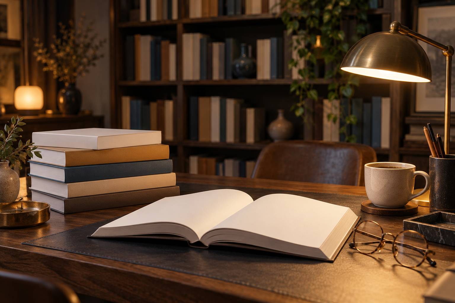 Pile de livres aux couvertures unies, un livre ouvert aux pages blanches et des lunettes