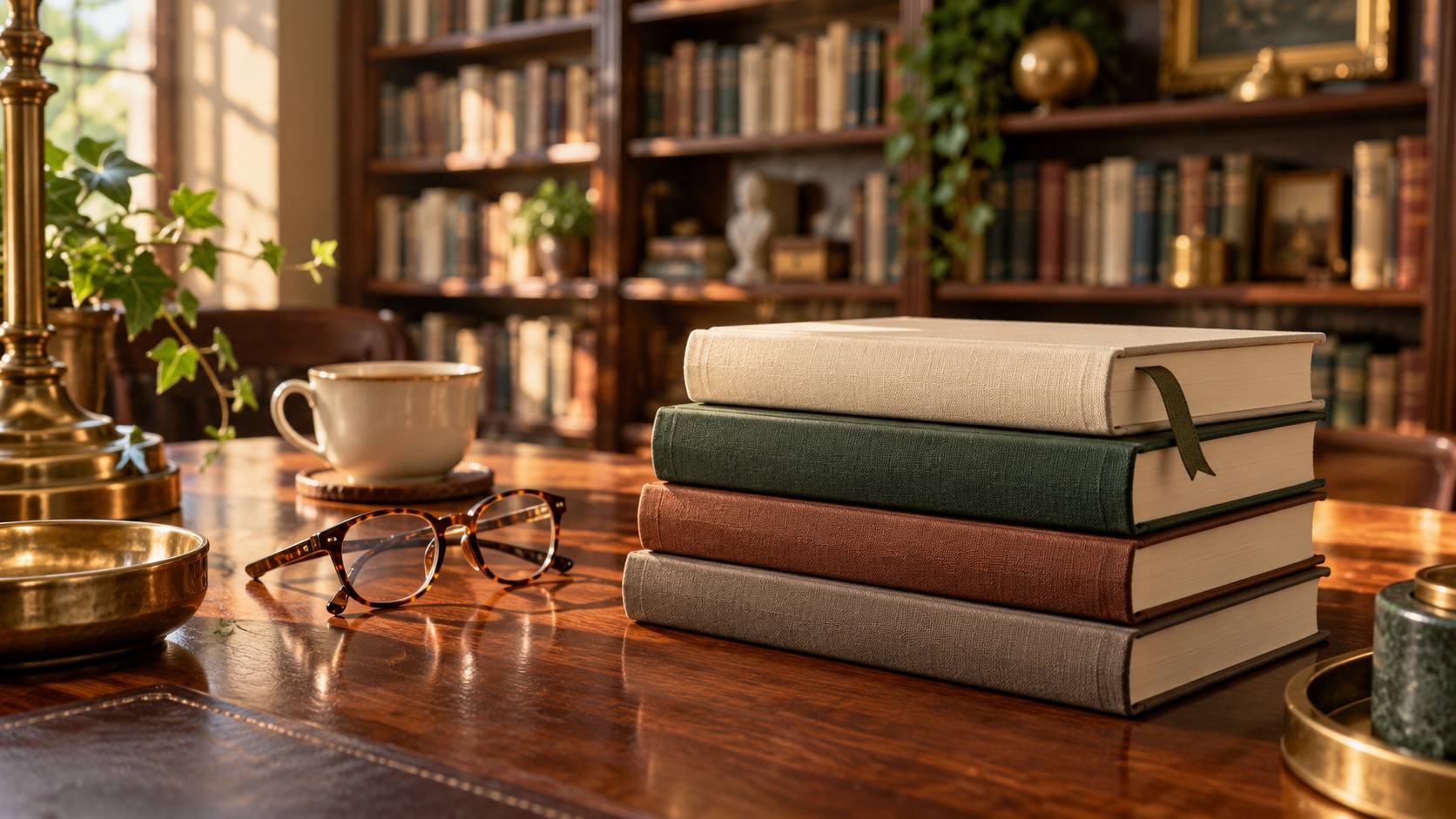 Pile de livres reliés aux couvertures neutres sur une table en bois, signet, lunettes de lecture et thé