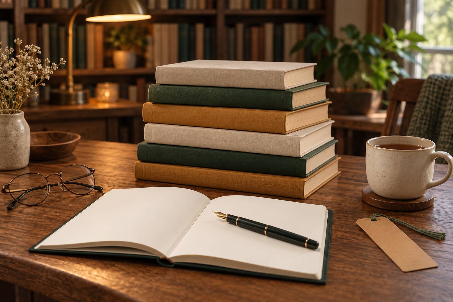 Pile de livres aux couvertures unies, carnet vierge et lunettes sur une table en bois