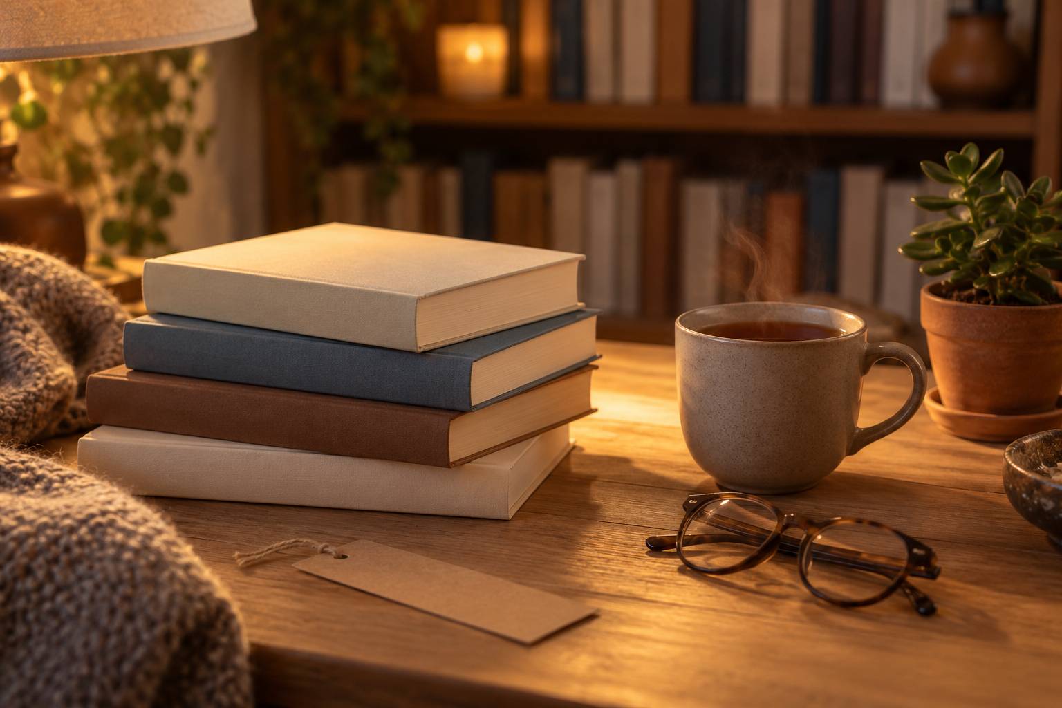 Pile de romans de poche fermés sur une table en bois avec une tasse de thé