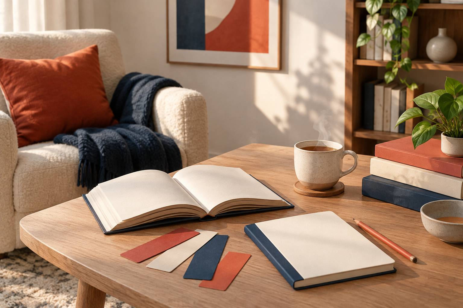 Roman ouvert avec carnet de notes et marque-pages sur une table de lecture