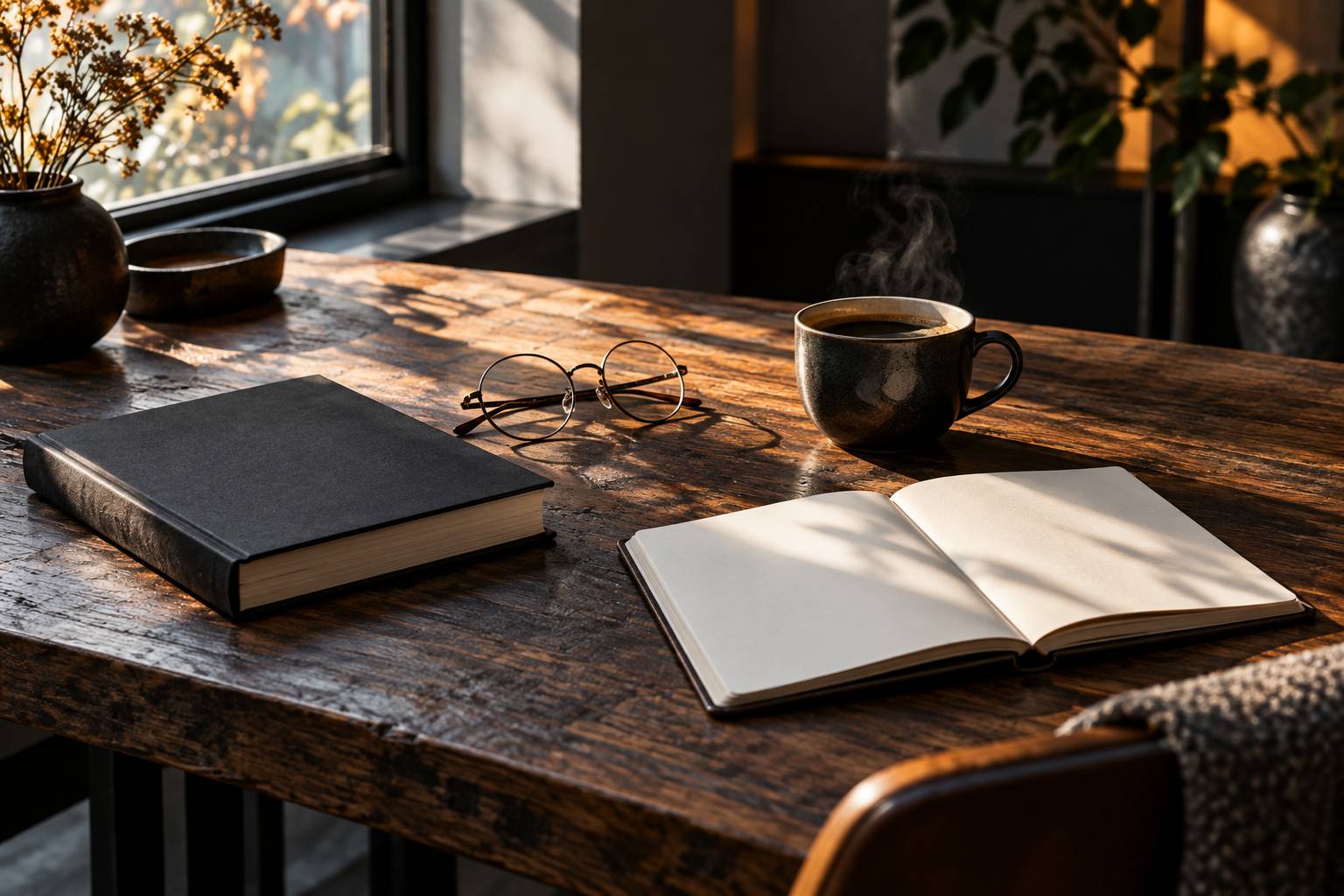 Livre fermé sur une table en bois avec lunettes et tasse de café