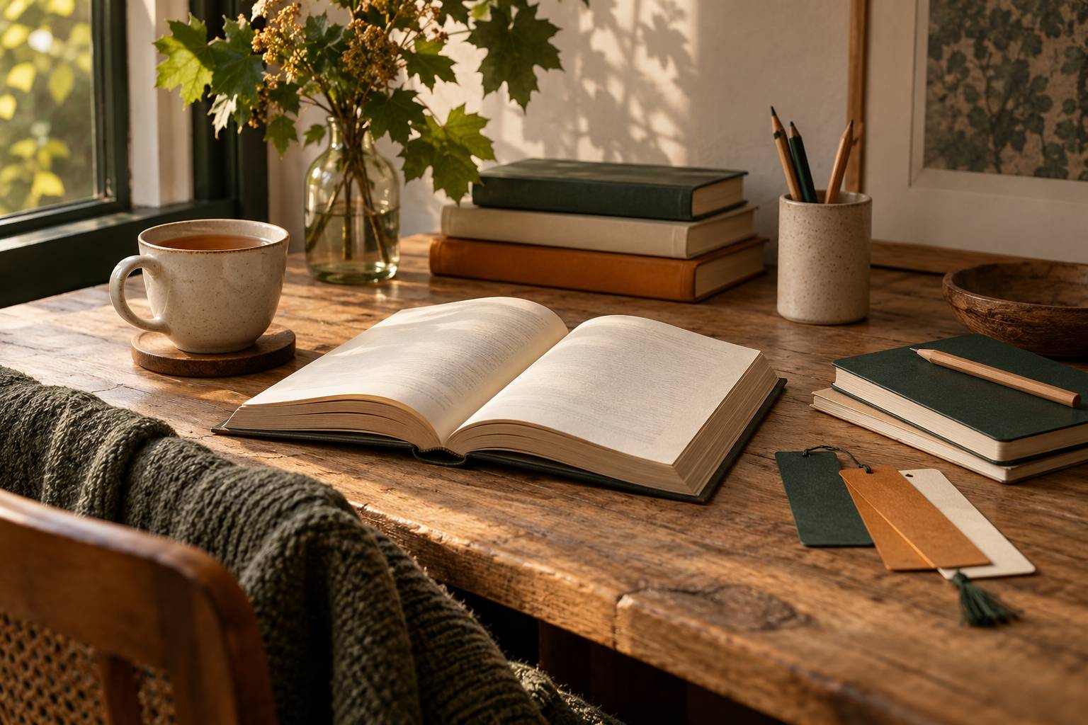Roman ouvert avec marque-pages et carnet de notes sur une table en bois, tasse de thé