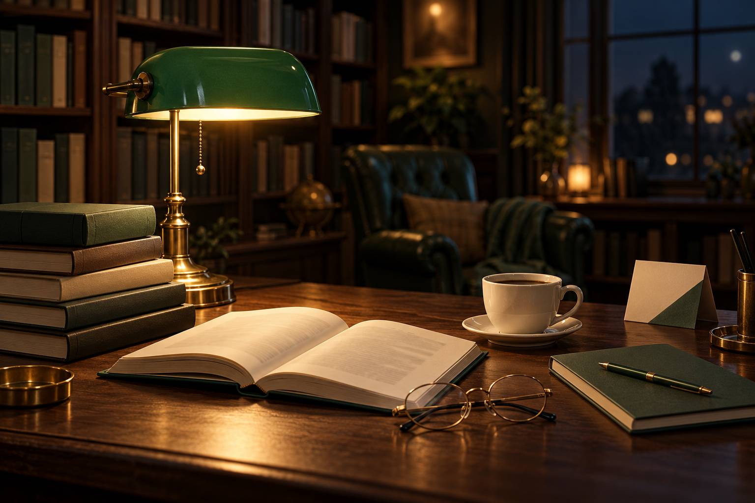 Pile de romans policiers aux couvertures unies, livre ouvert, lunettes et tasse sous une lampe