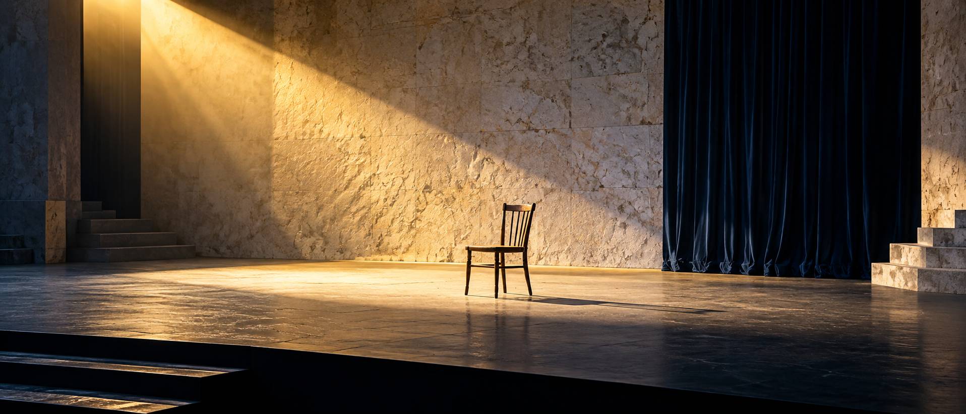 Scene de theatre depouillee avec mur de pierre, chaise isolee et projecteur