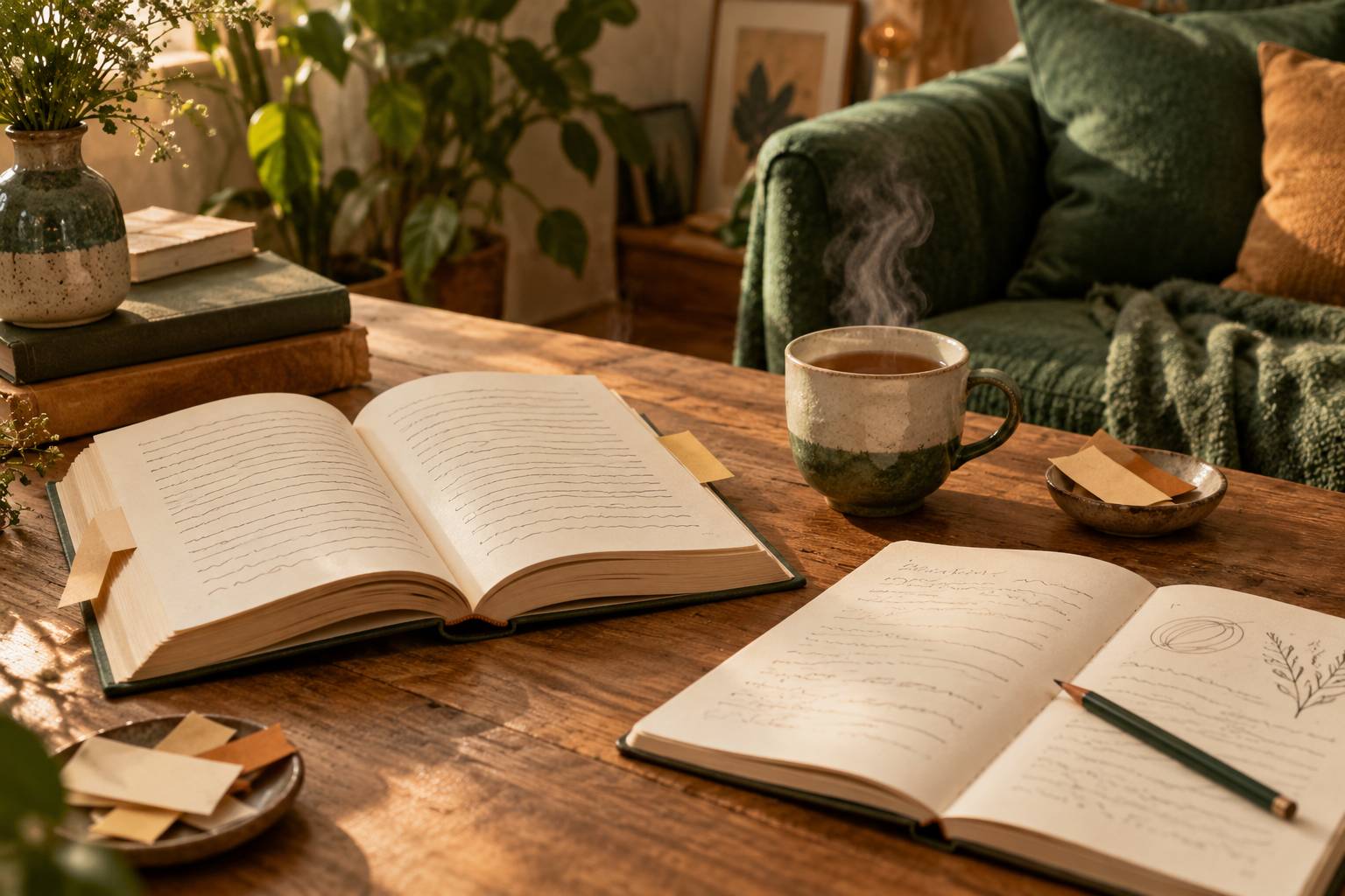 Roman ouvert avec marque-pages et carnet de notes sur une table en bois avec tasse de thé